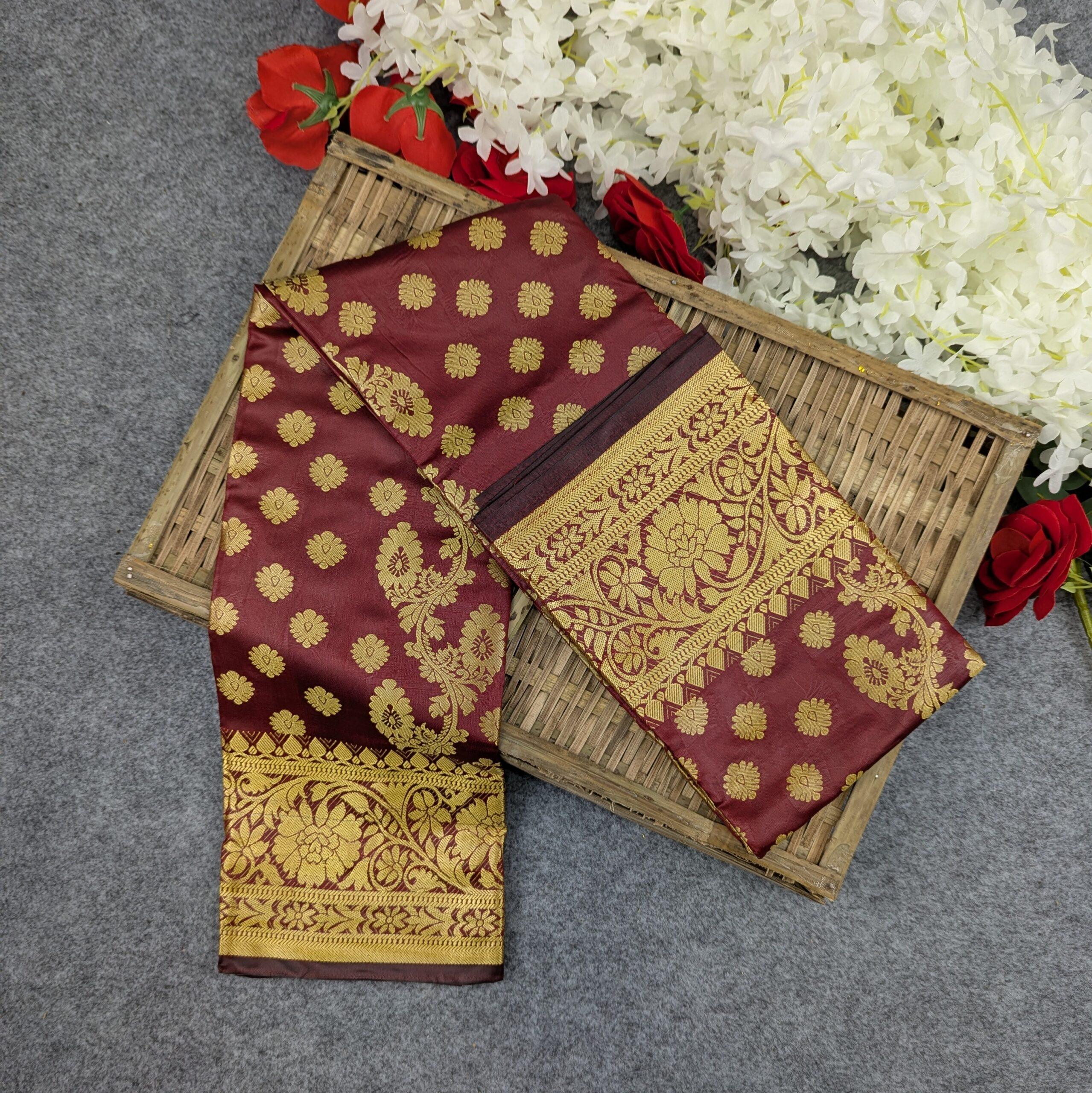 Premium Silk Katan Saree Combo Set - Maroon - Image 5