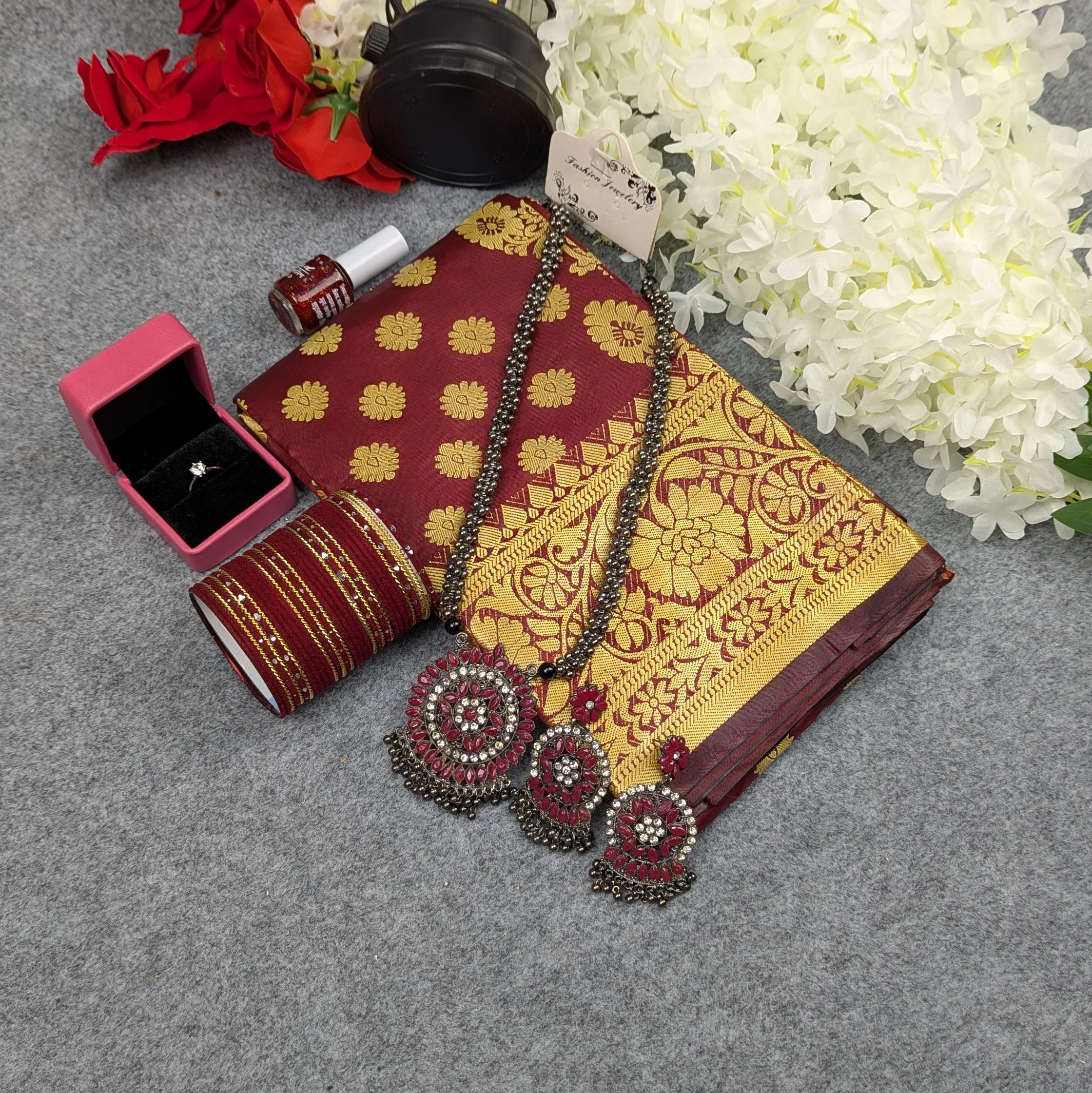 Premium Silk Katan Saree Combo Set - Maroon - Image 4