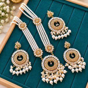 Exclusive Gorgeous Gold-Plated Kundan and Pearl Sitahar Jewelry Set (Sitahar, Earrings, and Tikli)