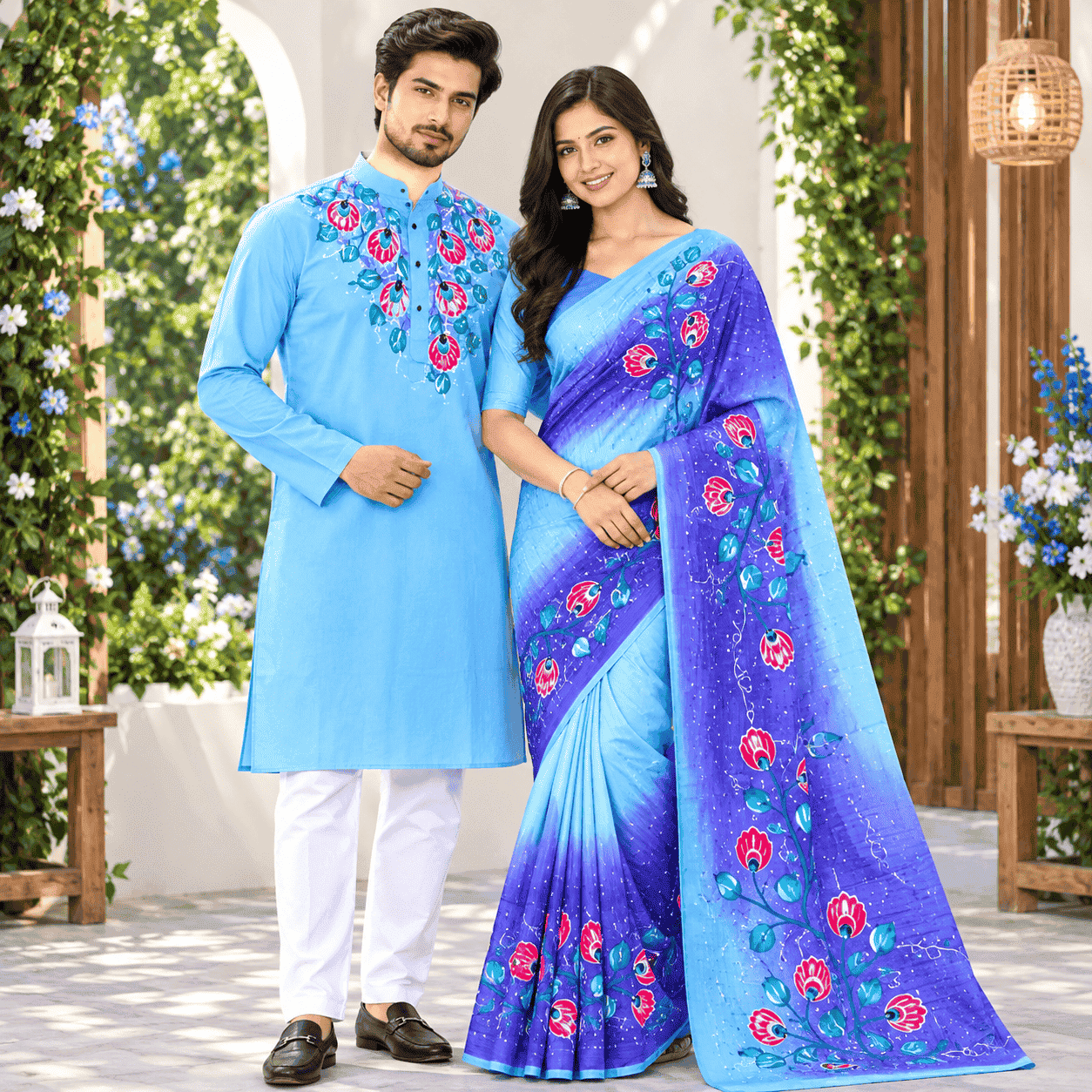 Hand Painted Couple Set Saree Panjabi